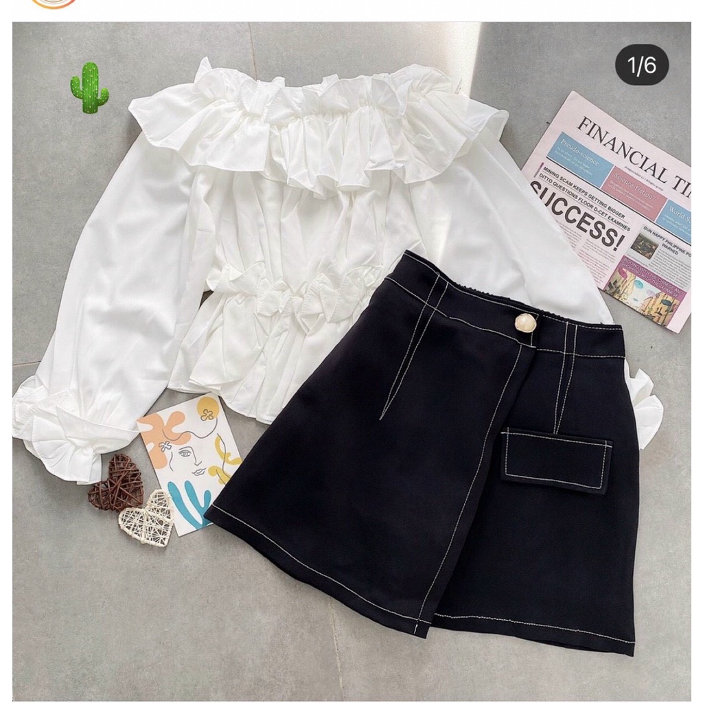 Áo bẹt vai nhún bèo 2 tầng tay phồng dài màu trắng tinh khôi thời trang peplum cổ điển đáng yêu gợi cảm PC