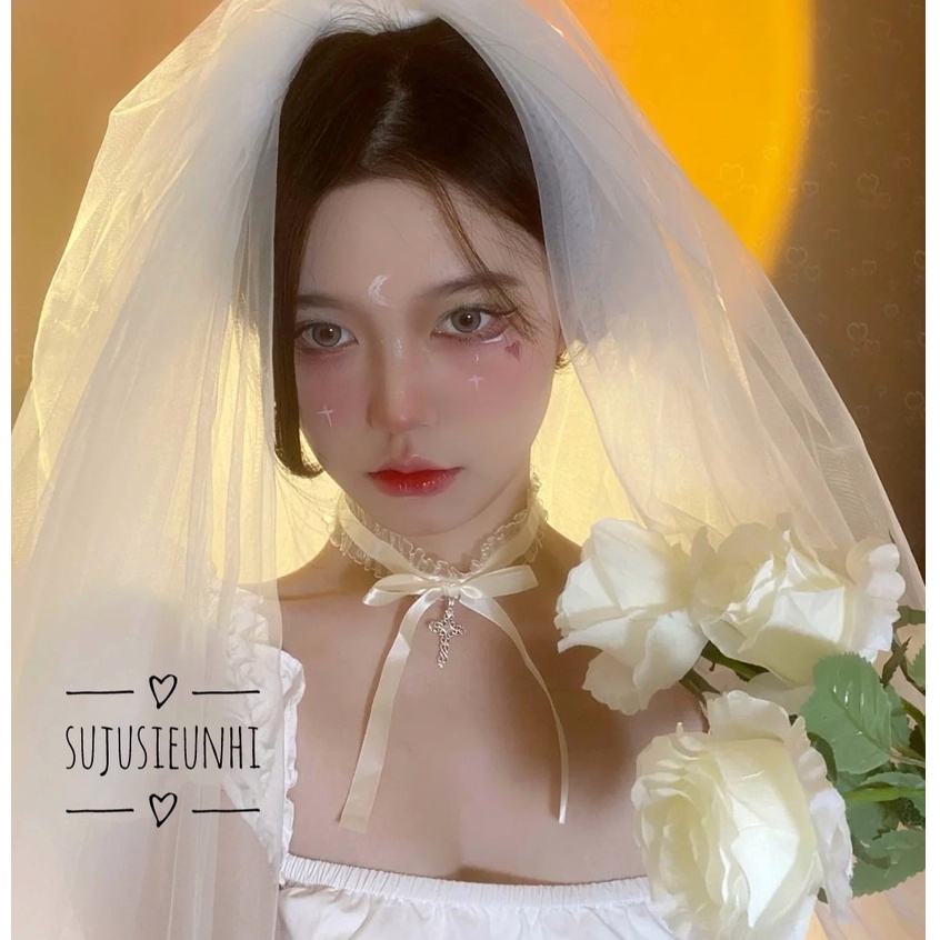 (2 màu) Vòng cổ choker ren đính nơ có đuôi dài gắn chữ thập phong cách gothic