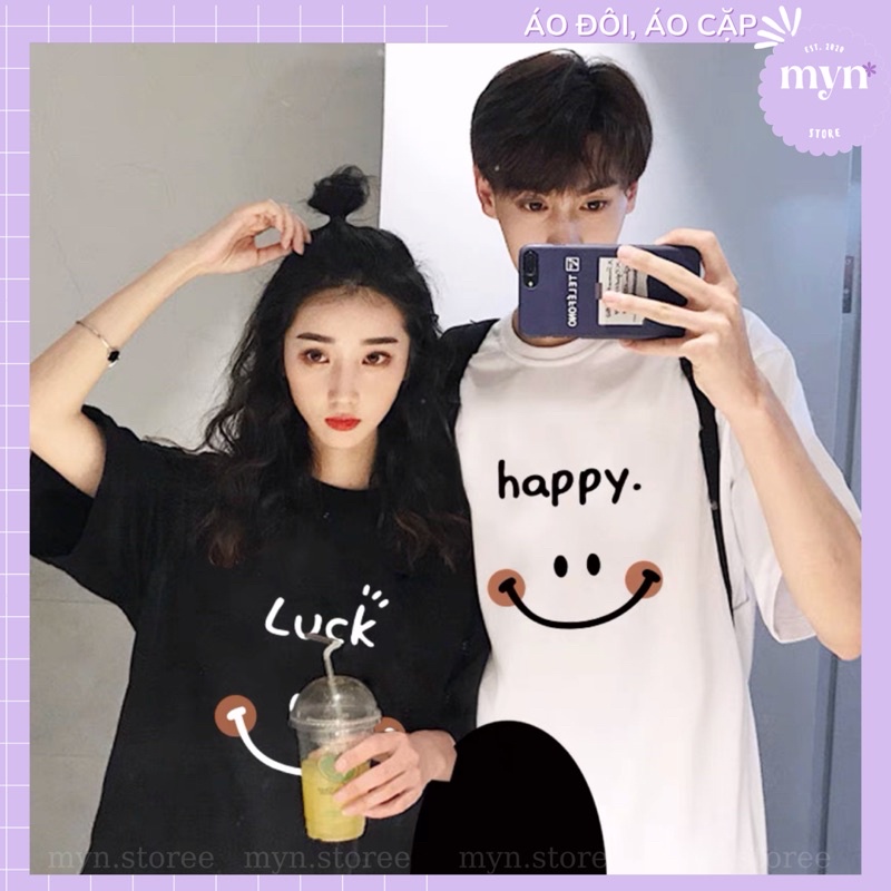 Áo Thun Tay Lỡ Nam Nữ In Chữ Luck - Happy , Áo Đôi Phông Form Rộng Unisex