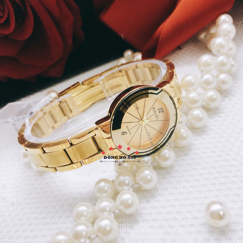 Đồng hồ nữ Halei dây vàng mặt tròn thời trang sang chảnh, chống nước chống xước DW