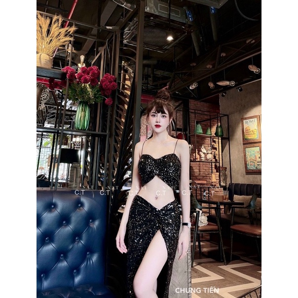 Set Váy Kim Sa Xẻ Tà, Đầm Hai Dây Dự Tiệc Bling Bling