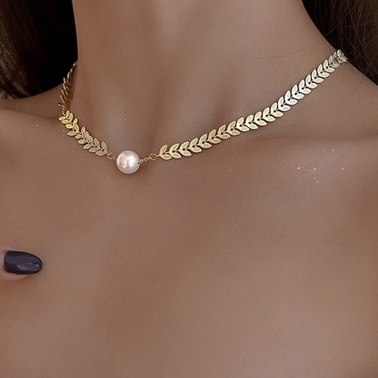 Vòng cổ Hình Lá Đính Ngọc Trai Phong Cách hip hop Hàn Quốc Cho Nữ