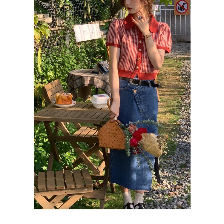 Áo Thun Dệt Kim Ngắn Tay Cổ Polo Họa Tiết Kẻ Sọc Phong Cách Vintage Cho Nữ