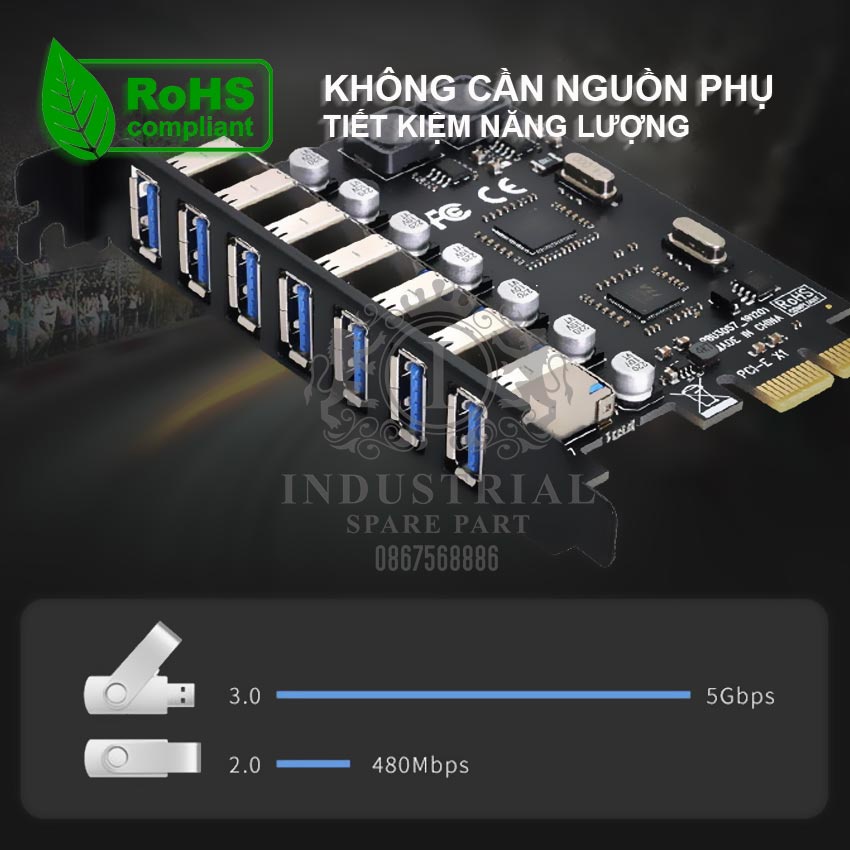 Card chuyển đổi PCI-E sang USB 3.0 (7 cổng). PCI-E to USB cho máy trạm Workstation và máy chủ. Hàng chính hãng nhập khẩu