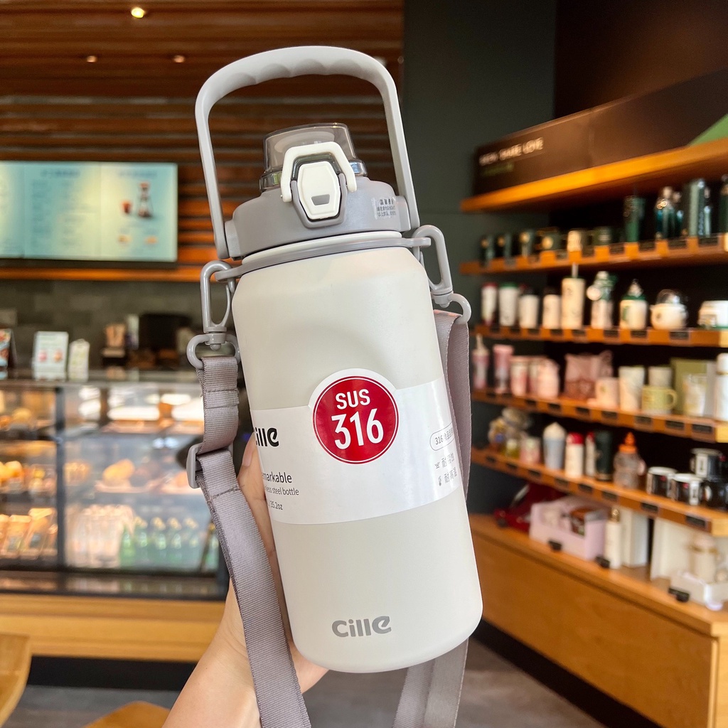 Bình Nước Giữ Nhiệt Cille 1000ml , Bình Nước Cao Cấp Có Ống Hút, Inox 316, Bình Nước Mang Đi Học