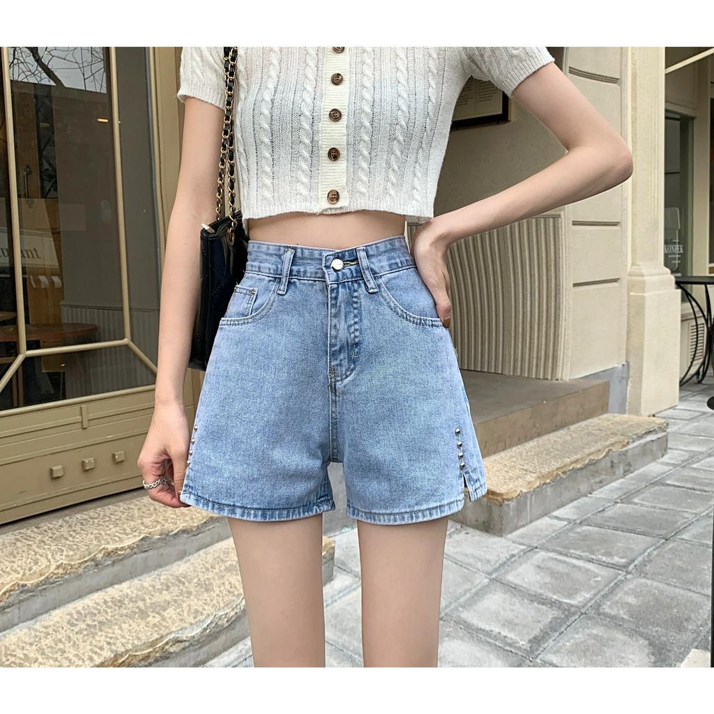 Quần Short Denim Lưng Cao Ống Rộng Xẻ Tà Thời Trang Mùa Hè Cho Nữ