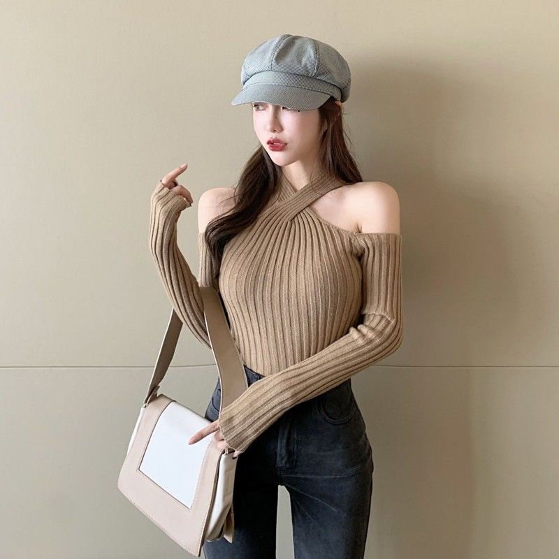 COZOK Áo sweater trễ vai thiết kế dây đan chéo quyến rũ