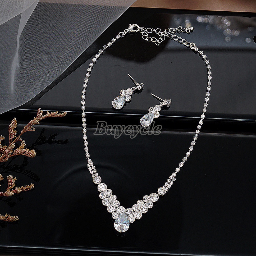 Bộ Vòng cổ + Bông Tai Đính Kim Cương Zircon Hình Giọt Nước Màu Sáng Thời Trang Cho Nữ