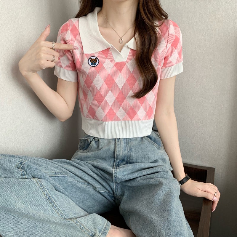 Áo Thun Dệt Kim Cổ Polo Tay Ngắn Thêu Hình Thoi Thời Trang Mùa Hè Hàng Mới Dành Cho Bạn Nữ 2022