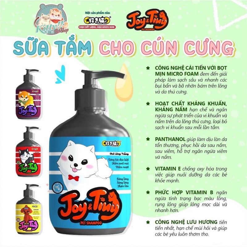 Sữa tắm Joy&amp;Tiny 500ml cho chó từ Maneki Neko, sữa tắm dưỡng lông da, khử mùi, lưu hương thơm lâu, lông dài ngắn