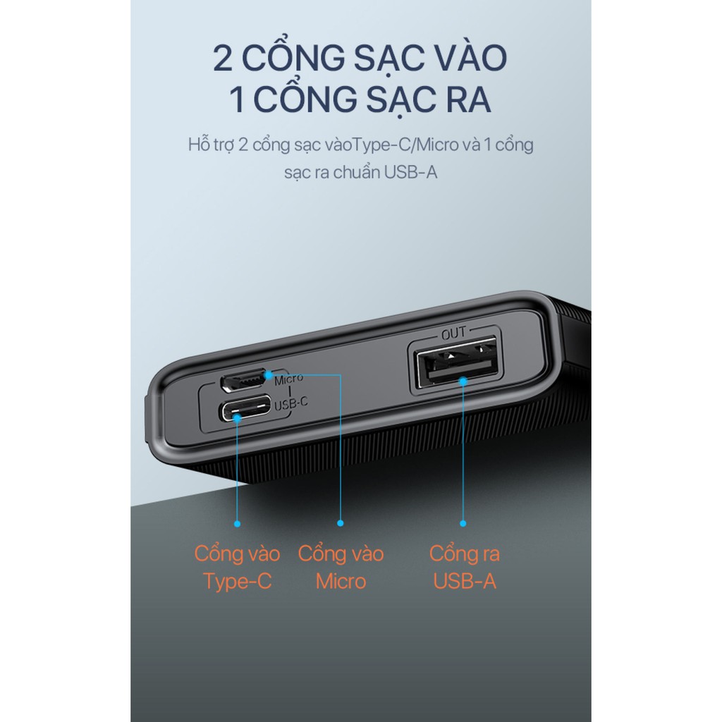 Sạc dự phòng ROBOT RT190 10000mAh thiết kế nhỏ gọn LED hiển thị Pin 2 cổng vào Micro/Type-C và 1 Cổng Ra USB