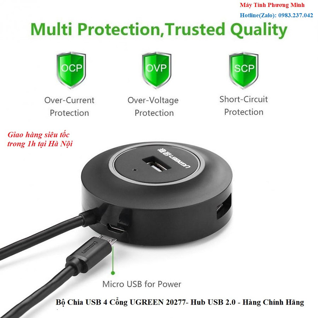 Bộ Chia USB 4 Cổng UGREEN 20277- Hub USB 2.0 - Hàng Chính Hãng