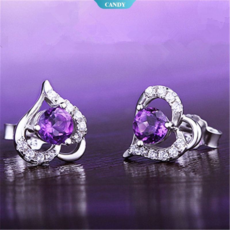 Khuyên Tai Bạc 925 Đính Đá Thạch Anh Tím Tự Nhiên Hình Trái Tim