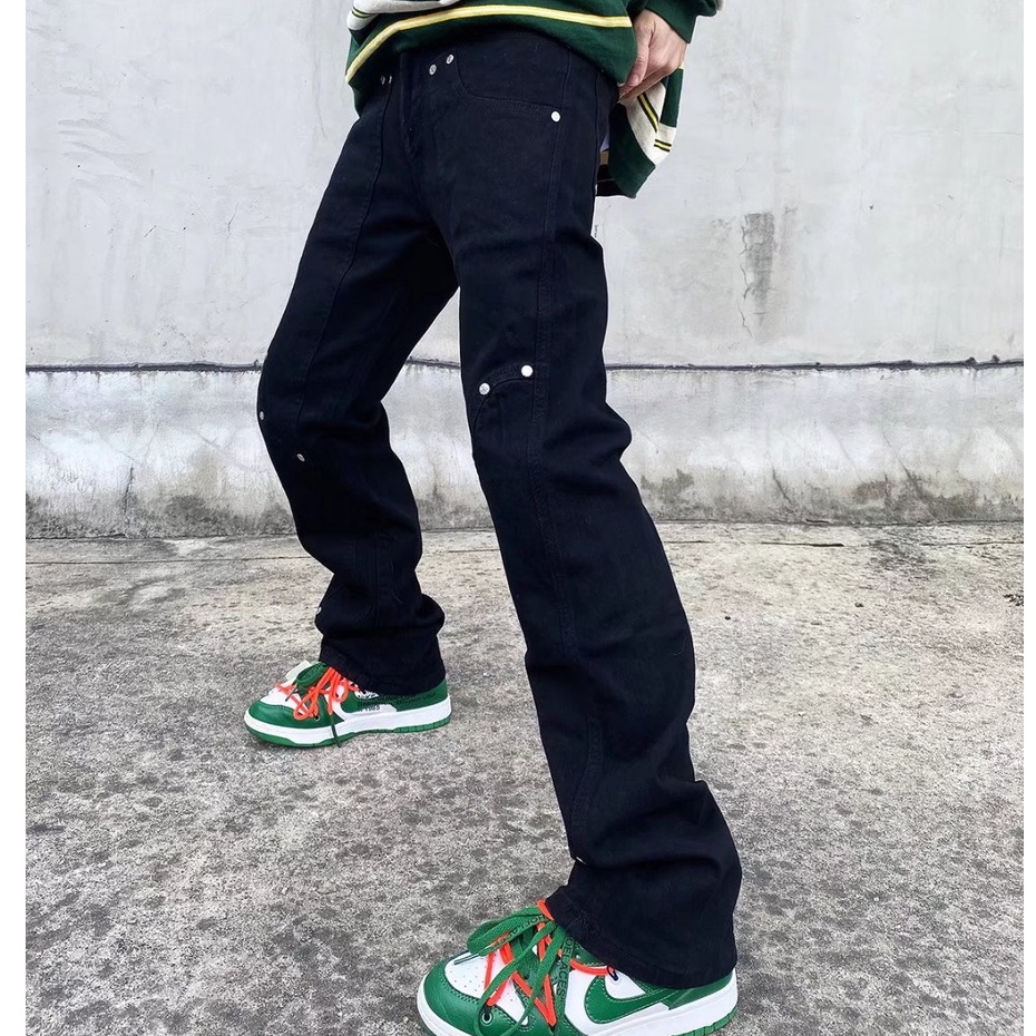 Quần jean lưng cao dáng rộng có dây kéo phong cách hip hop thời trang Âu Mỹ size S-4XL cho nam và nữ