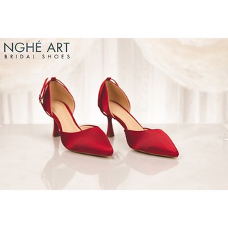 Giày cưới Nghé Art lụa satin đỏ có dây quai 318