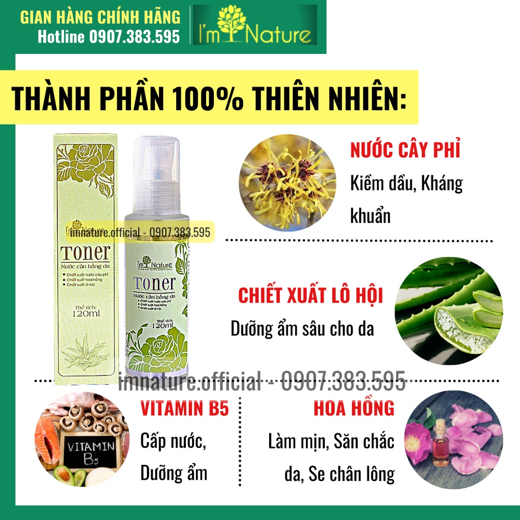 Nước Hoa Hồng Dưỡng Ẩm Dưỡng Trắng Da - Se Khít Lỗ Chân Lông Cho Da Dầu Và Da Mụn - Chống Lão Hóa Toner I’m Nature 120ml