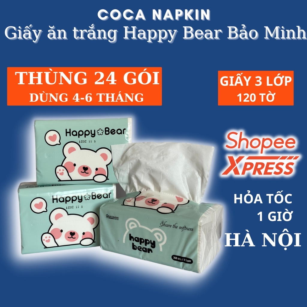 Thùng 24 gói giấy ăn trắng siêu dai, gói 120 tờ giấy rút lụa mềm mịn 3 lớp, không chất tẩy trắng Happy Bear