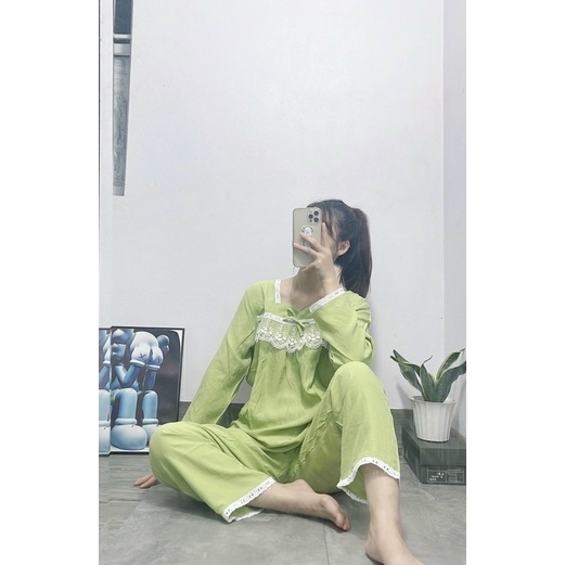 Đồ bầu mặc nhà - bộ bầu sau sinh chất đũi hàn phối ren ở ngực thời trang (45 đến 75Kg )