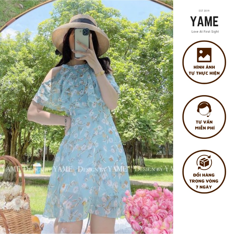 Váy đầm nữ voan hoa nhí khoét vai đi biển đi chơi Lace Dress màu xanh YAME