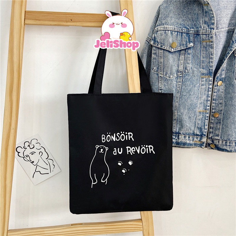 Túi Tote Vải Đen Canvas Đeo Vai Ullzang Hàn Quốc Họa Tiết Dễ Thương JeliShop