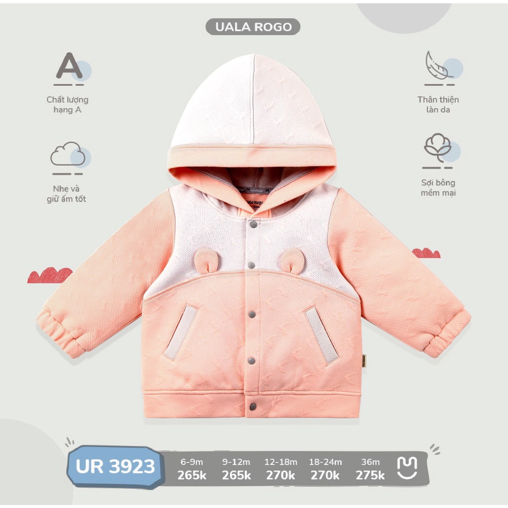 [UALA ROGO] Áo khoác nỉ trần bông phối tai gấu có mũ cho bé 1-3Y Hàng chính hãng