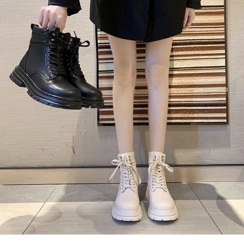 Boots martin cổ ngắn đan dây đế 4cm có khoá kéo