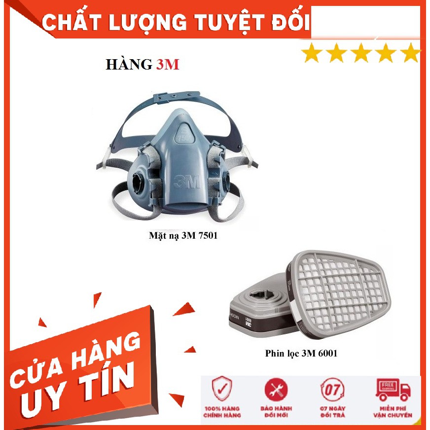 Chính Hãng - Bộ Mặt Nạ Phòng Độc 3M 7501 - 3M6001 Chống khói, Chống hóa chất, Chống bụi, Phun Sơn, Phun Thuốc Trừ Sâu