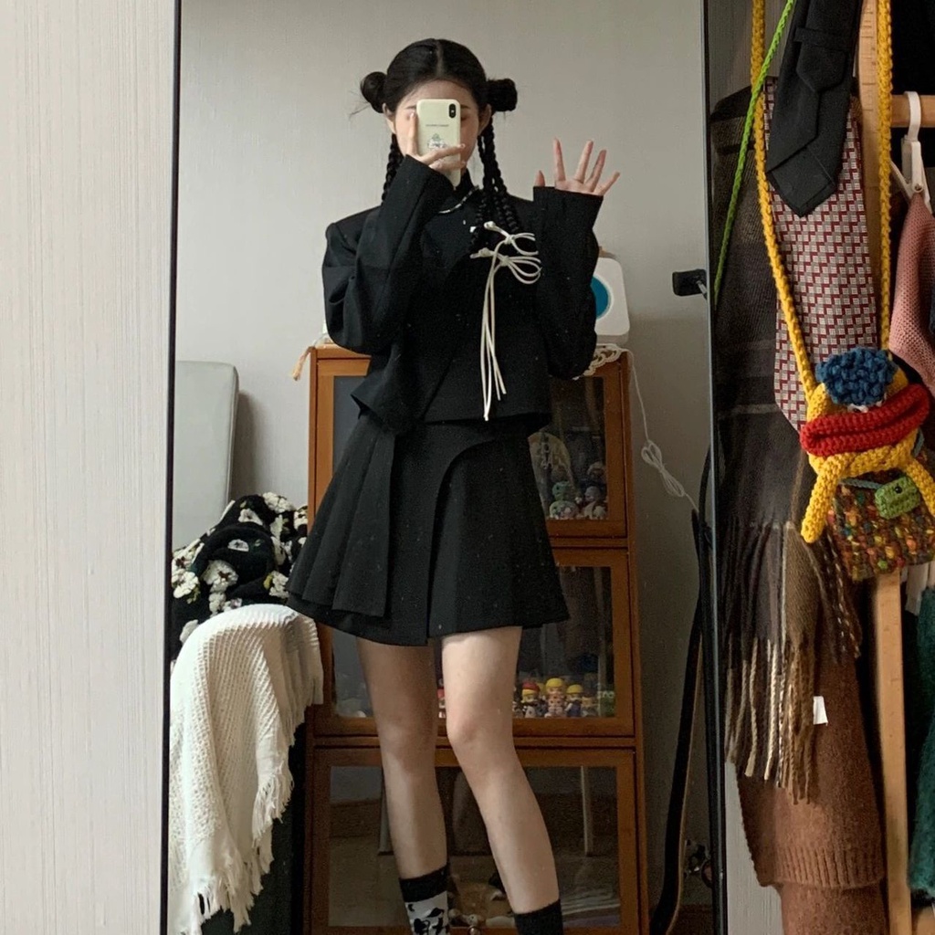 Phong Cách Thu Đông Mới!F &amp; X Bộ Áo Khoác Suit + Chân Váy Ngắn Xếp Ly Kiểu Retro Pháp Thời Trang Mùa Thu Dành Cho Nữ