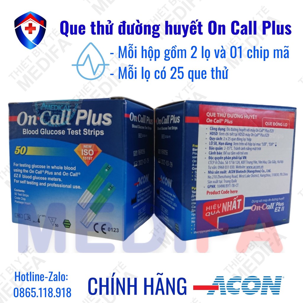 Hộp 50 que thử đường huyết On Call Plus, mỗi hộp 2 lọ 25 que thử chính hãng ACON