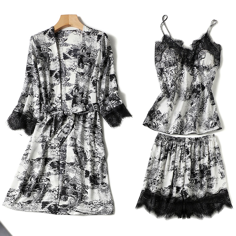 Bộ Đồ Ngủ 3 Món Bằng Lụa Satin Thời Trang Gợi Cảm Cho Nữ