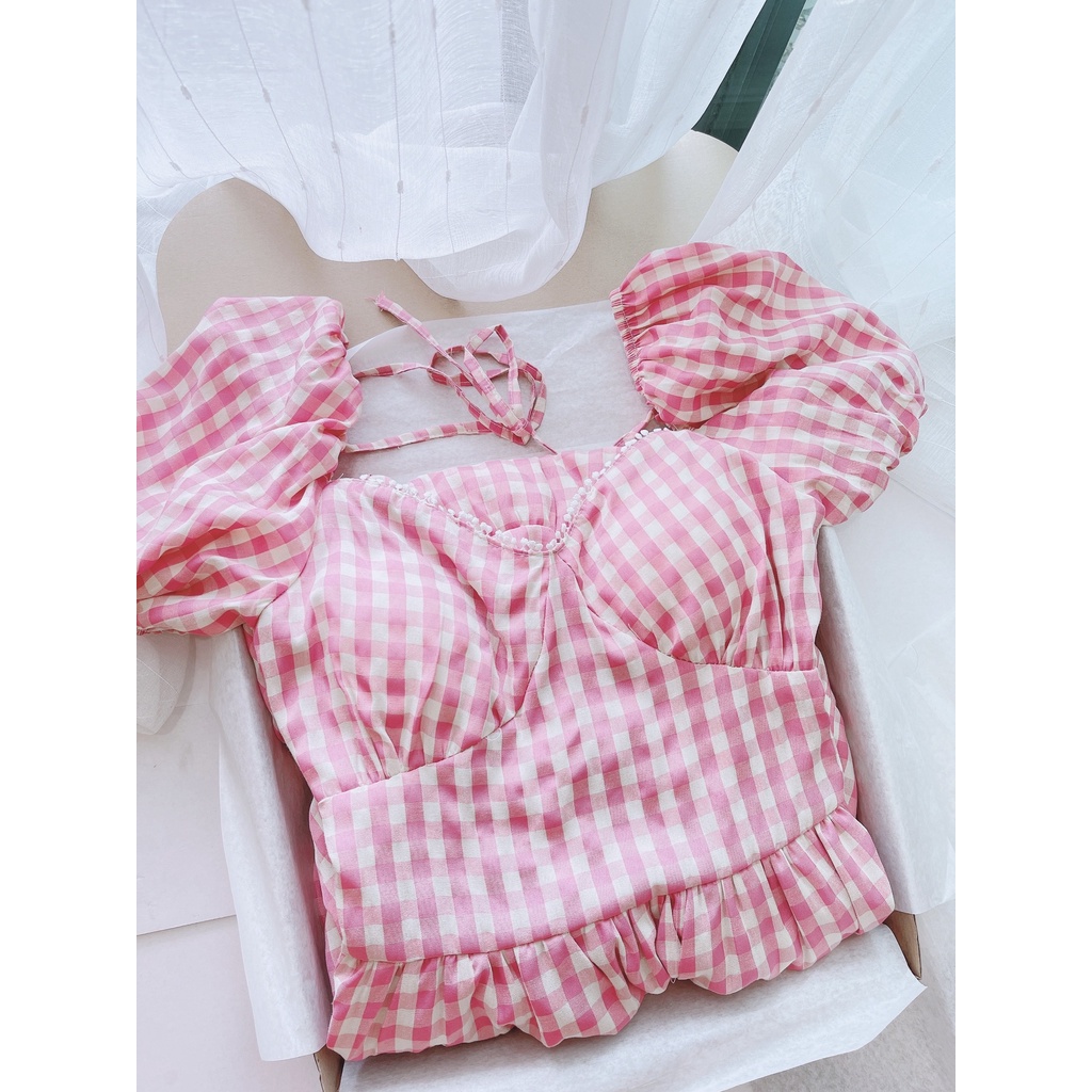 Váy kẻ hồng đầm 3 tầng 2 lớp có độn ngực maxi tay ngắn hở lưng đi biển siêu xinh-Minxy shop | BigBuy360 - bigbuy360.vn