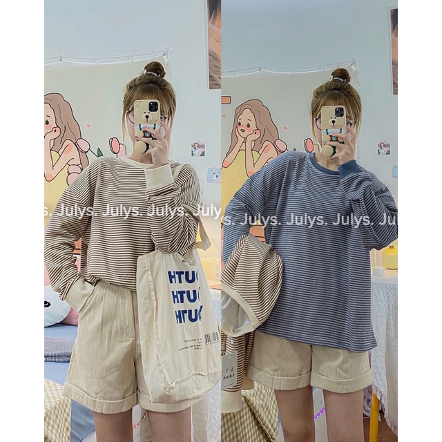 Áo sweater kẻ nỉ tăm basic JULYS STORE (ảnh thật shop chụp kèm video)