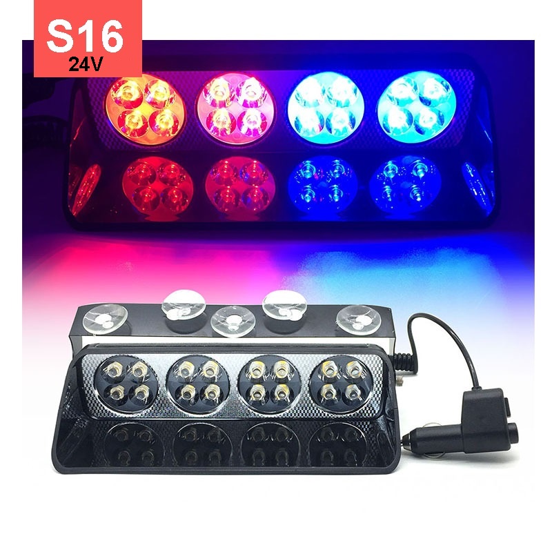 Đèn chớp Police xanh đỏ 24V 16W 16 LED gắn kính lái cho xe cảnh sát, xe ưu tiên