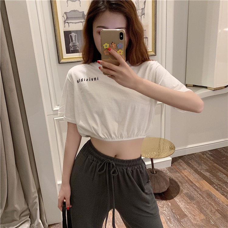 Áo Croptop Nữ Eo Chun INVISIBLE 🦋FREESHIP🦋 Áo Thun Nữ Ngắn Trắng Cộc Tay In Chữ