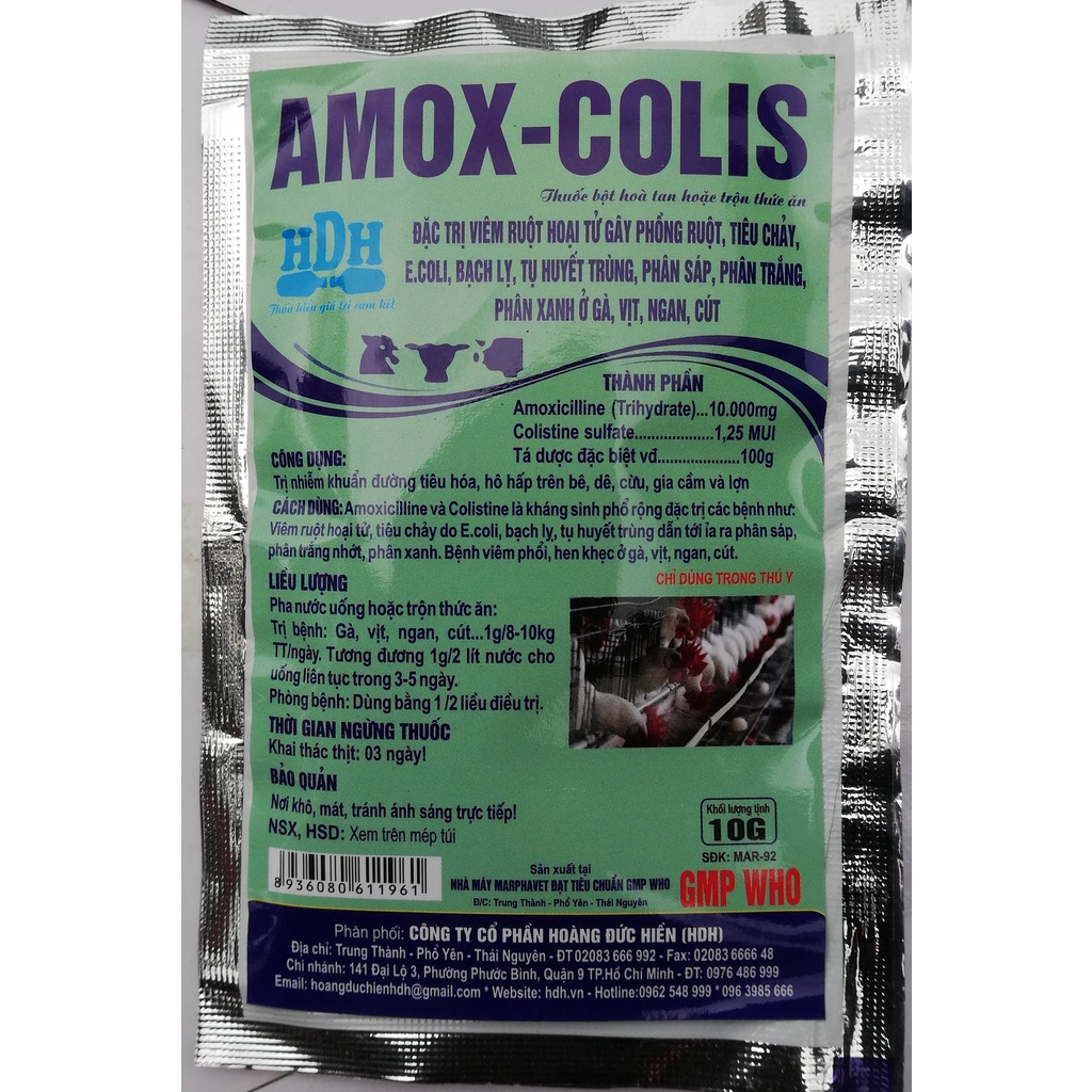 1 gói AMOX - COLIS 10g Chuyên dùng cho gia cầm, gà, vịt, ngan, chim cảnh