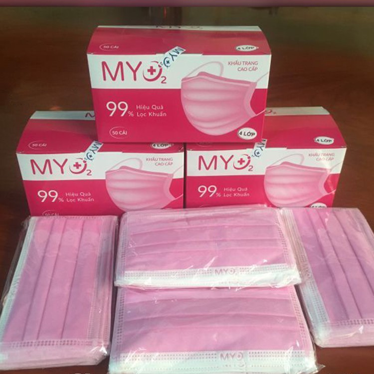 Hộp 50 Khẩu Trang Y Tế 4 Lớp MyO2 Kháng Khuẩn Than Hoạt Tính Màu Hồng