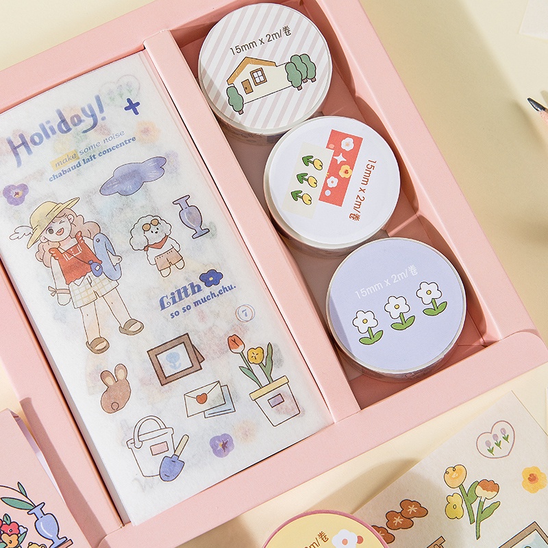 Bộ hộp 3 cuộn băng dính washi tape + 4 stickers GuangBo 4 chủ đề trang trí sổ Bullet Journal H97045