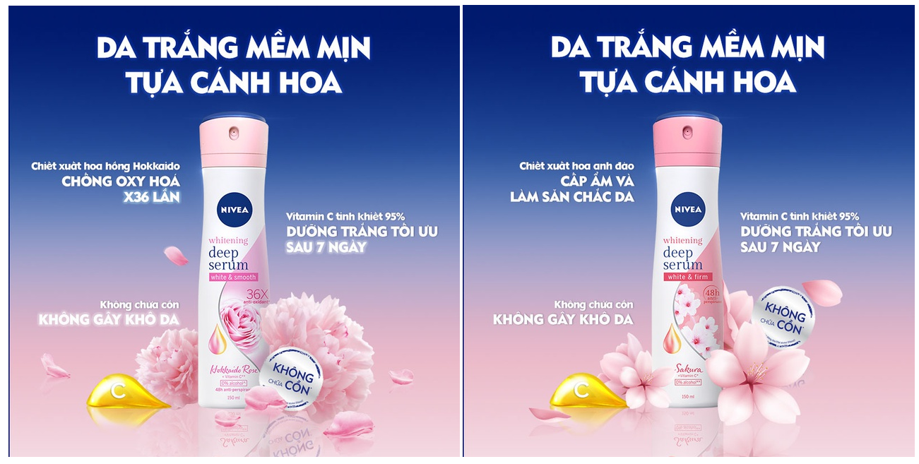 Bộ đôi Xịt serum ngăn mùi NIVEA dưỡng trắng hương hoa hồng Hokkaido &amp; Sakura (150ml x2) (85304+85308)