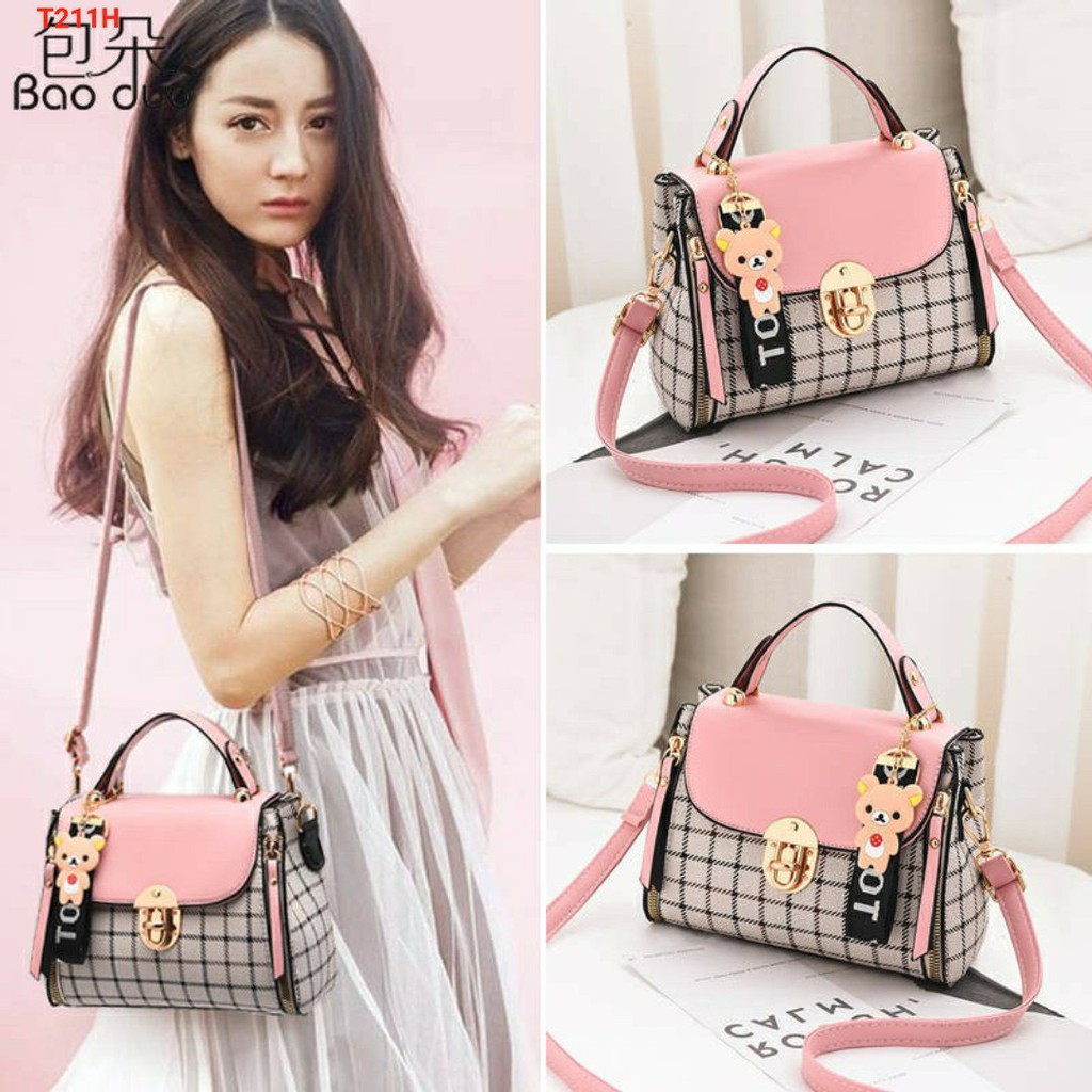 Túi xách nữ  FREESHIP  Túi Xách Nữ Đẹp 90c caro kèm gấu Thời Trang Siêu Đẹp Thiết Kế Thanh Lịch HÌNH THẬT SHOP TỰ CHỤP