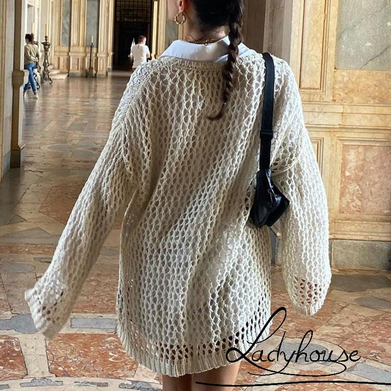 Áo Dệt Kim Tay Dài Cổ Tròn Dáng Rộng Thiết Kế Khoét Lỗ Thời Trang Cho Nữ