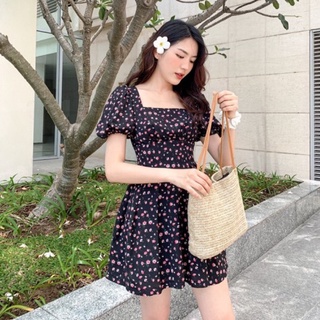 Đầm KAHIE cổ vuông tay phồng váy xếp ly xoè