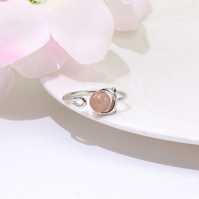 Nhẫn bạc mặt mèo đính đá hồng ngọc siêu đáng yêu