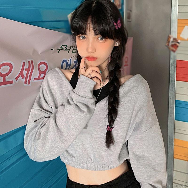 Áo Crop Top Nữ Tay Dài Cổ Chữ V Màu Trơn