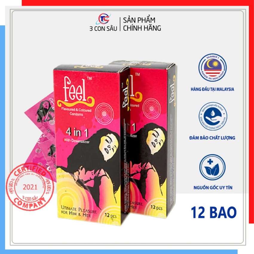 Bao Cao Su Feel 4in1 Bcs Gân Gai ok Nhiều Gel Bôi Trơn Giúp Tăng Khoái Cảm Hương Dâu Hộp 12c TCF01