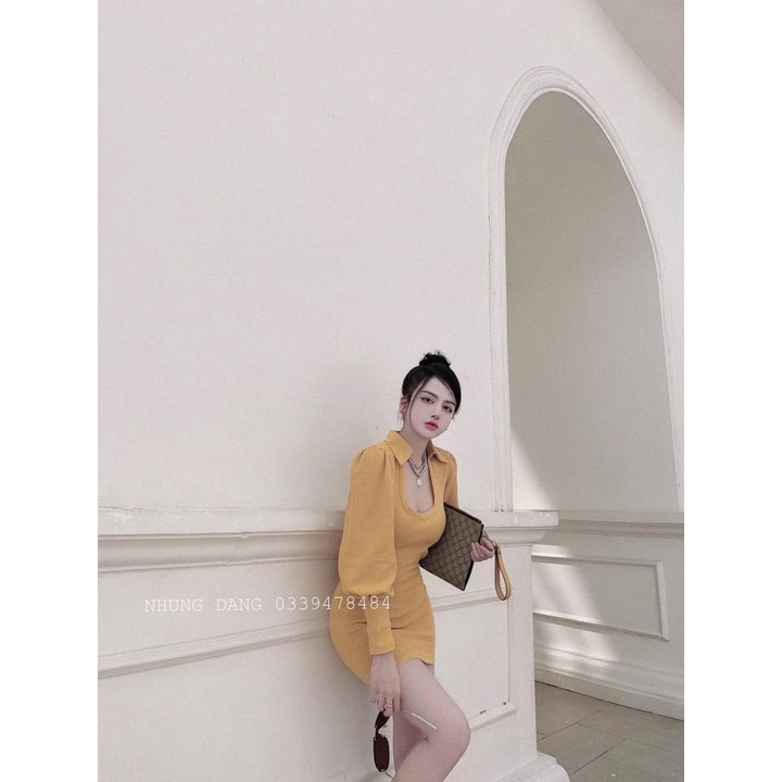Đầm Body Cổ Trụ U Tay Bo Phồng Chất Thun Co Giãn Thích Hợp Mặc Đi Tiệc Đi Làm Đi Chơi