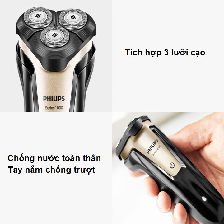 Máy cạo râu khô và ướt 3 lưỡi cạo thương hiệu cao cấp Philips S1020 - Hàng Nhập Khẩu (Bảo hành chính hãng: 24 THÁNG)