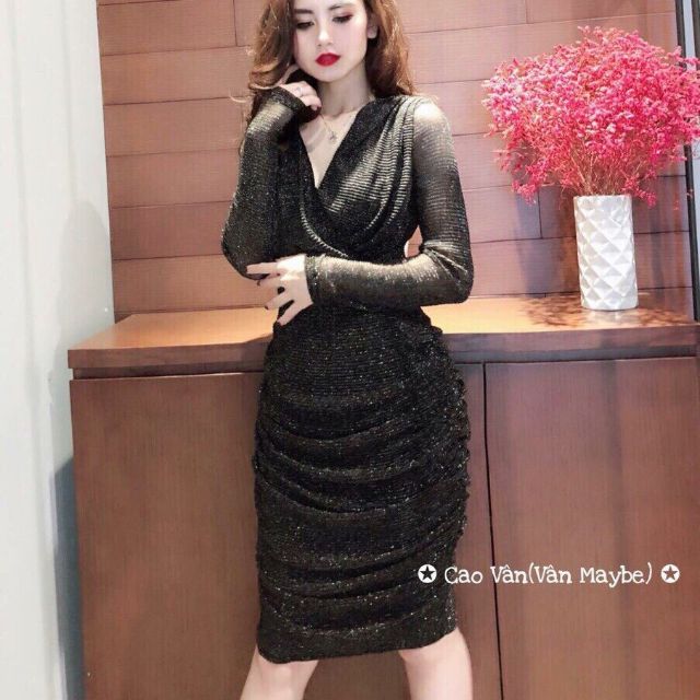 Đầm body nhũ kim tuyến Cao Cấp (Size S-M-L-XL) tay dài cổ V đắp chéo nhúng thân