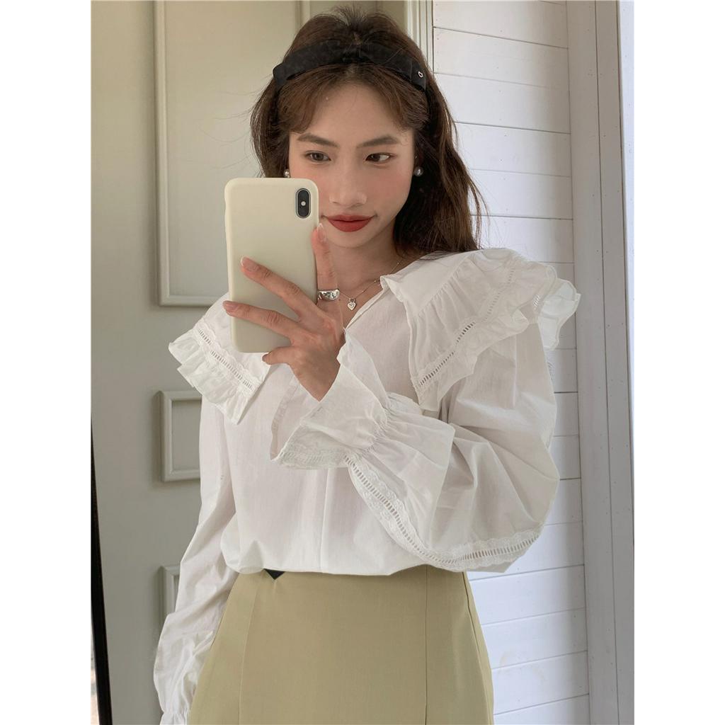Áo Sơ Mi Trắng Dài Tay Cỡ Lớn Phối Bèo Nhún Ngọt Ngào 61918