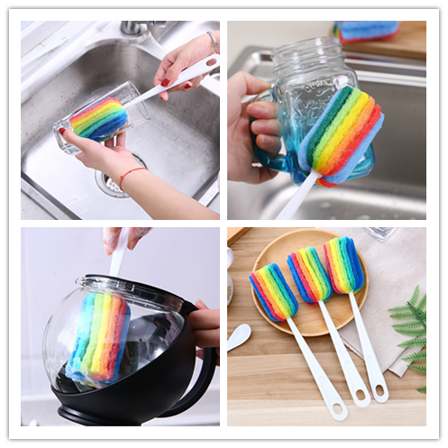 1 cọ rửa ly tay cầm dài bằng bọt biển màu cầu vồng đa năng