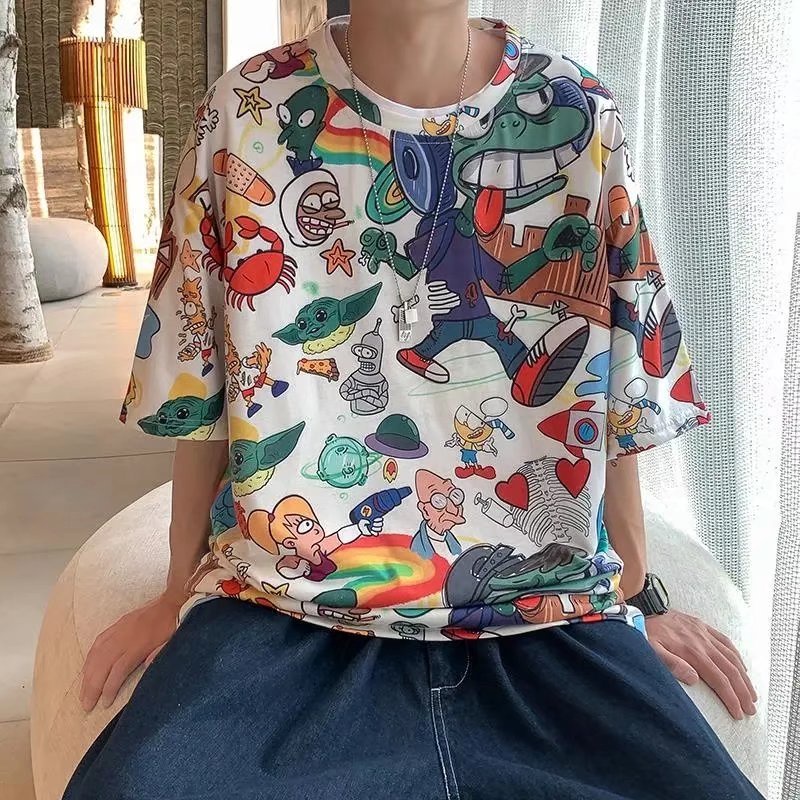 Áo Thun Tay Ngắn In Họa Tiết Graffiti Phong Cách Đường Phố Hồng Kông Cá Tính Cho Nam Size M-5XL